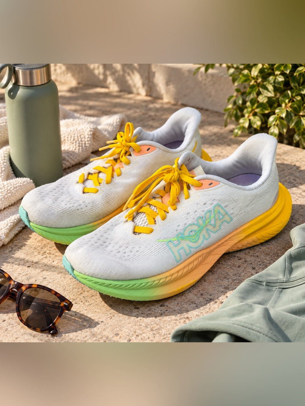 Hoka Women's White Running Shoes with Yellow Laces and Green Gradient Midsole